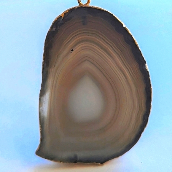 Express Tan Sliced Agate Large Stone Necklace Thick Gold Tone Chain Gold Edging - Picture 3 of 10
